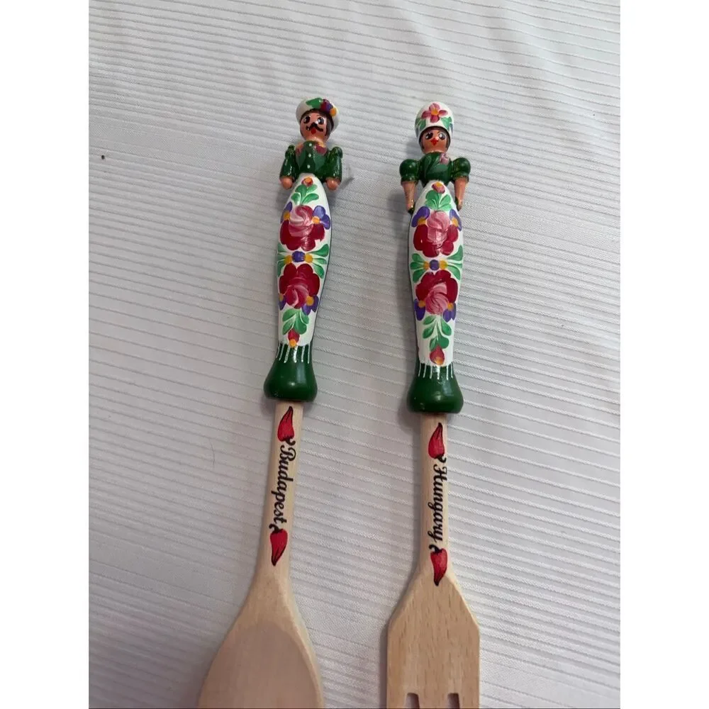 Vintage Hungarian Lady and Man Wood Salad Serving Fork and Spoon